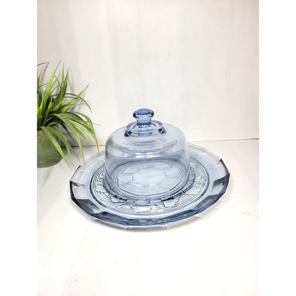 Vintage Ice Blue Glass Cheese and Cracker Tray, Dome Cover, Serving Platter - Picture 1 of 4